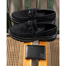 Sapato Social Mocassim Masculino Camurça Santorini Solado Costurado Elegante Festa com Carteira Slim Dia dos Pais
