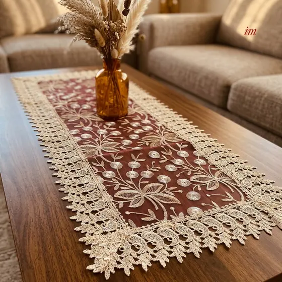 Centro de Mesa de Renda Retangular 40x85cm Toalha Centro Guipir Luxo Decoração Sala Aparador Buffet