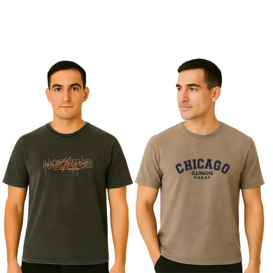 KIT 2 CAMISETAS ESTONADAS MASCULINAS SORTIDAS - 100% ALGODÃO PREMIUM - ESTAMPA MINIMALISTA