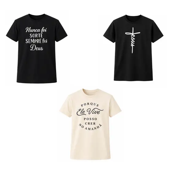 Kit 3 Camisetas Masculinas Estampadas Cristã Manga Curta