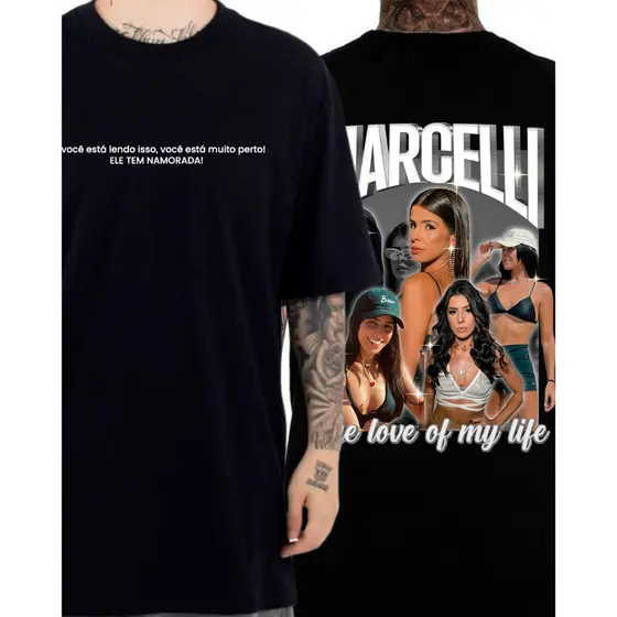 Atenção Eu tenho Namorada - Camiseta Personalizada com suas Fotos nas Costas e Seu Nome Frase na Frente Over ou Básica
