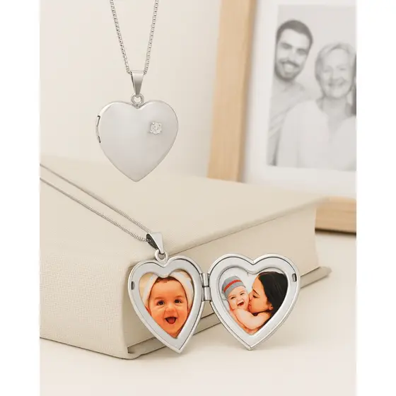 Relicário Coração Personalizado com 2 Fotos + Corrente Colar Com Caixa Presente para Mãe Avó Feminino e Caixinha