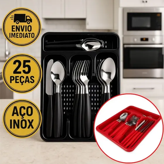 Jogo De Talheres 25 Peças Inox Faqueiro Com Porta Talheres Garfos Colheres E Facas
