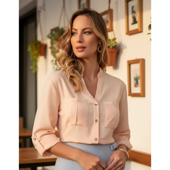 Camisa Social Feminina Gola Padre com Bolso e Botões