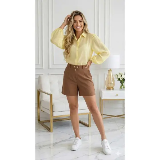 Camisa Social Feminina Manga Bufante Franzida