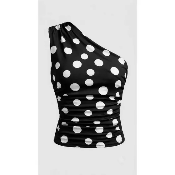Blusa Feminina Ombro Único Poá Drapeada Elegante Casual Moda Verão