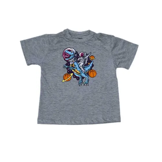 Camiseta Infantil Cinza Estampa Astrodino – 100% Algodão