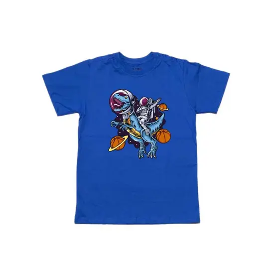 Camiseta Infantil Azul Royal Estampa Astrodino – 100% Algodão