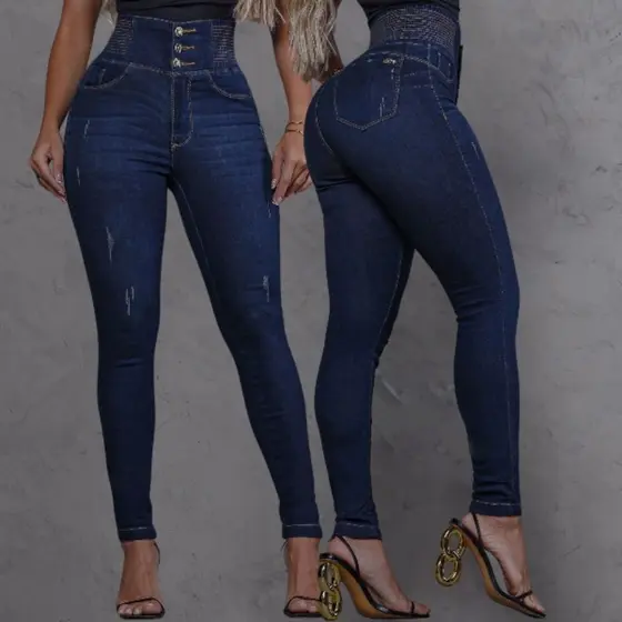 Calça Modeladora Jeans lipo Feminina Cintura Alta Versátil Lycra Elastano