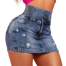 Short Saia Modeladora Jeans Feminina Cintura Alta Com Elastano