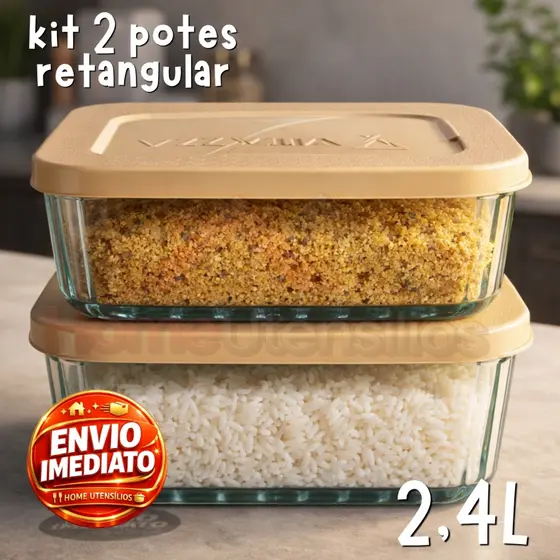 Kit 2 Pote Vidro 2.4 Litros Retangular Com Tampa Plástica