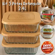Kit 3 Potes Tigela De Vidro 2.4 Litros Retangular Com Tampa Plástica
