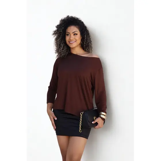 Blusa Feminina Canoa Manga Longa Lisa Diversas Cores Básica Casual Elegante