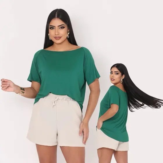 Blusa Feminina Gola Canoa Lisa Diversas Cores Básica Casual