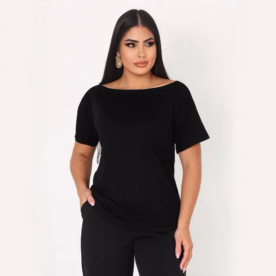 Blusa Feminina Gola Canoa Lisa Diversas Cores Básica Casual