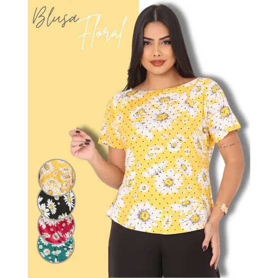 Camisa Feminina Gola Canoa - Flores Casual Elegante para o dia a dia