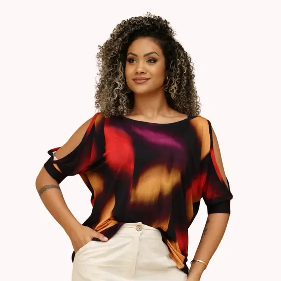 Blusa Feminina Ombro Vazado Plus - Estampadas Casual e Conforto VISCOLYCRA TAMANHO ÚNICO