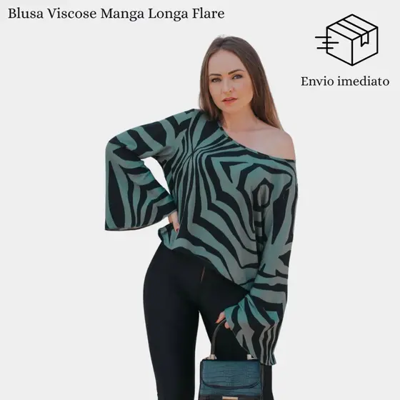 Blusa Feminina Viscose Manga Longa Flare Estampada Ombro a Ombro Casual