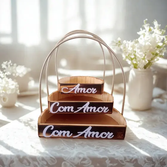 Kit 3 Cestas de Madeira Decoradas Com Amor e Com Carinho--Presente, Organização e Decoração