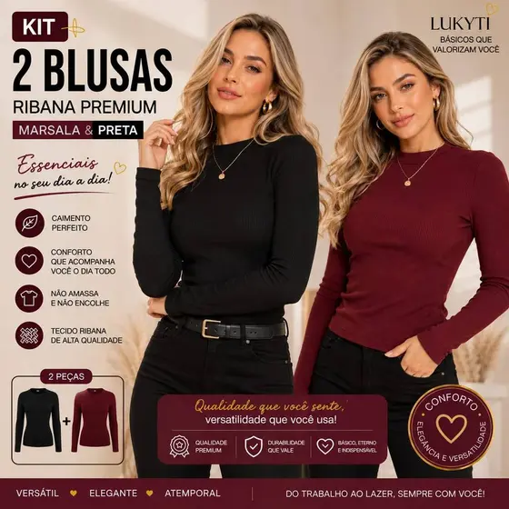 Kit 2 Blusas Feminina Manga Longa Ribana Premium Preta + Marsala