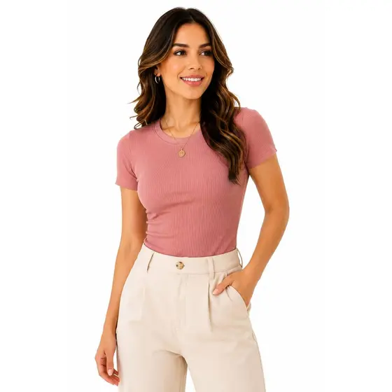 Blusa Feminina Manga Curta Canelada Ribana Ajustada Básica Premium