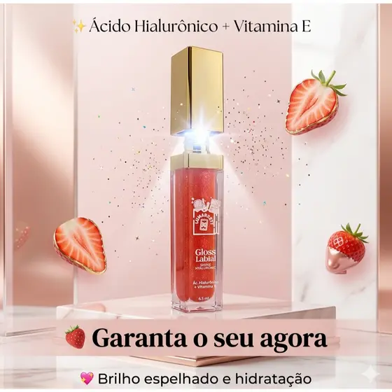Gloss Shine Hyaluronic Morango com Luz LED Ácido Hialurônico e Vitamina E hidratação Produnda Presente Não pegajoso