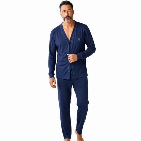 Pijama Masculino com Botões na Frente Manga Longa e Calça Comprida Pós Cirúrgico Idoso