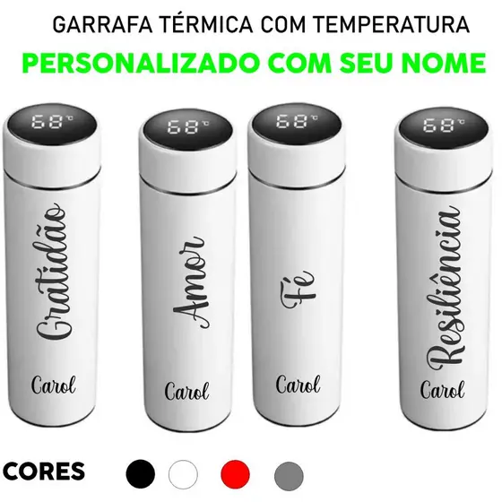 Garrafa térmica de água PERSONALIZADA COM NOME E PALAVRA INPIRADORA GRATIDAO AMOR FE DEUS INOX QUENTE E FRIO