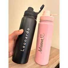 Garrafa Térmica de Água PERSONALIZADA 800ml de Inox PREMIUM Dupla camada Vácuo Alça tampa com gravação do seu Nome 800m