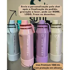 Garrafa Térmica Inox 1000ml PERSONALIZADA Dupla Camada com Grip e Alça Flexível – com Efeito Glitter 8896