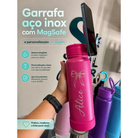 Garrafa Térmica Inox 802ml Personalizada a Laser Dupla Camada, Com Suporte de CELULAR, Base de Silicone e canudo MAGSAFE