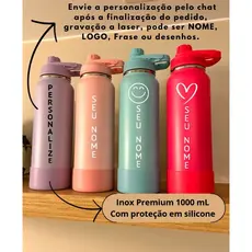 Garrafa Térmica de água com bota de silicone, Inox Premium Dupla camada Vácuo PERSONALIZADA gravação do seu Nome 1000mL