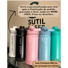 Garrafa Térmica Inox Pequena  Dupla Camada a Vácuo Personalizada a Laser com Nome com BASE  DE SILICONE 600 ou 350ml