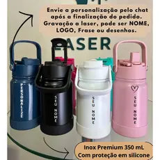 Garrafa 351mL pequena térmica personalizada, canudo e bico,  inox de alta qualidade, dupla camada
