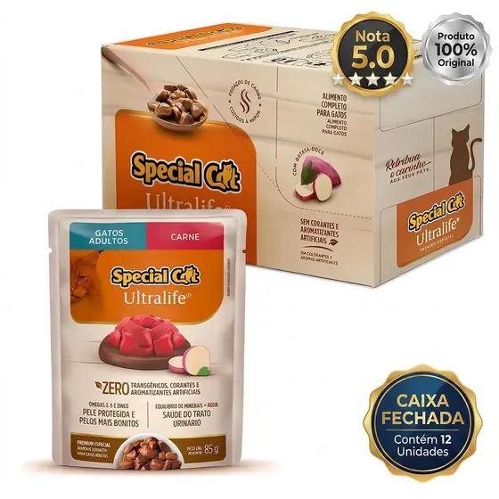 Sache Special Cat Ultralife Gatos Adultos e Filhotes Kit 12 ou 24 Und. 85g Carne Frango Peixe Salmão