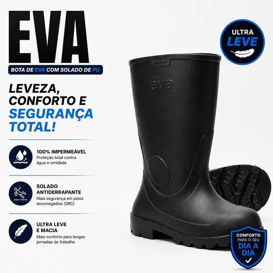 Bota Galocha Impermeável Evopro Preto Eva Ultraleve Antiderrapante Segurança Cano Médio Frigorífico Açougue EPI Com CA