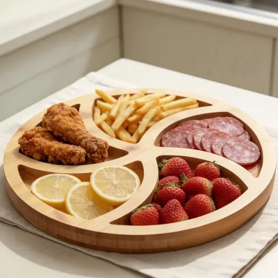 Bandeja Petisqueira de Bambu Redonda com 5 Divisórias Perfeita para Servir Frios, Petiscos e Frutas