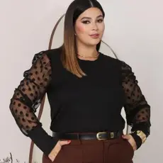 Blusa Femenina Plus Size Manga De Princesa DeTule Manga Longa confortável,Fresca e Resitente.