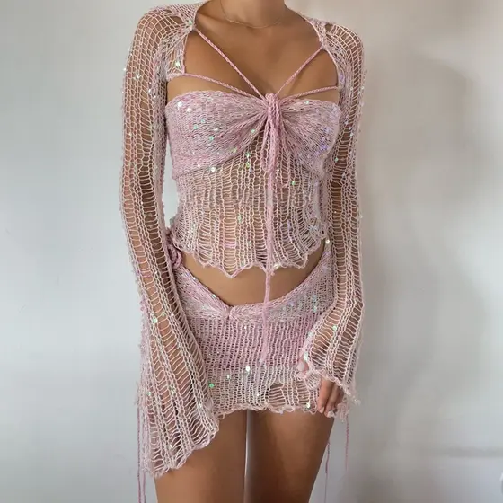Conjunto De Três Peças De Suéter Feminino De Malha Pérola