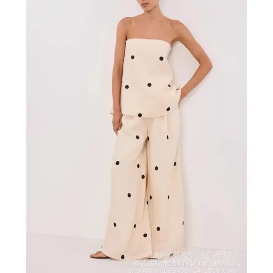 ZA Terno Casual Feminino Com Colete Sem Alças De Bolinhas E Calças Largas De Cintura Alta