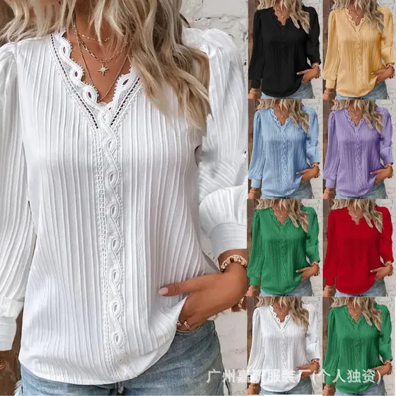 Camisa Feminina De Retalhos De Renda Com Decote Em V De Manga Comprida