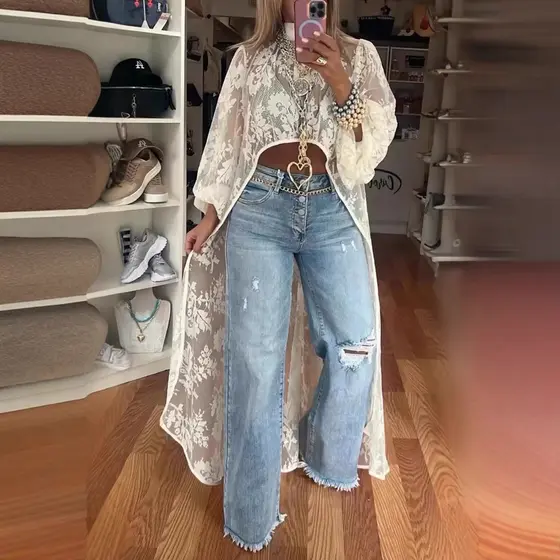 Top Feminino De Renda Floral Frontal Curto Nas Costas Longo Transparente