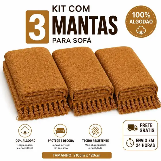 Kit 3 Mantas Para Sofá 100% Algodão 210x120 Xale Decorativo Protetor Capa De Sofá Grande