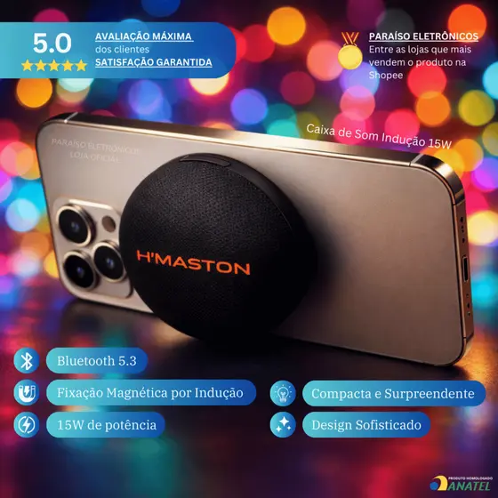 Caixa de Som 15W Indução Bluetooth Sem Fio Portátil Magnética Prova d'Água H'Maston AM-55 - PROMOÇÃO