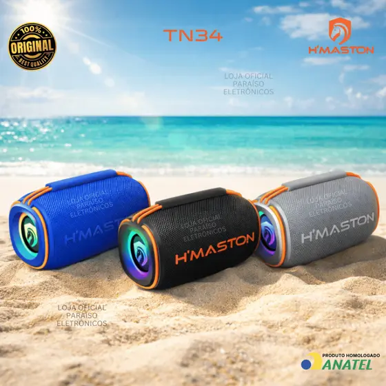 Caixa de Som Portátil 20W PROVA D'ÁGUA TN34 HMASTON Bluetooth Alto Falante GRAVE LED RGB TWS