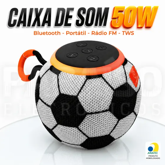 Caixa de Som Portátil Bluetooth TWS 50W Potente Rádio FM LED RGB Pen Drive IPX5 Kapbom FUTEBOL
