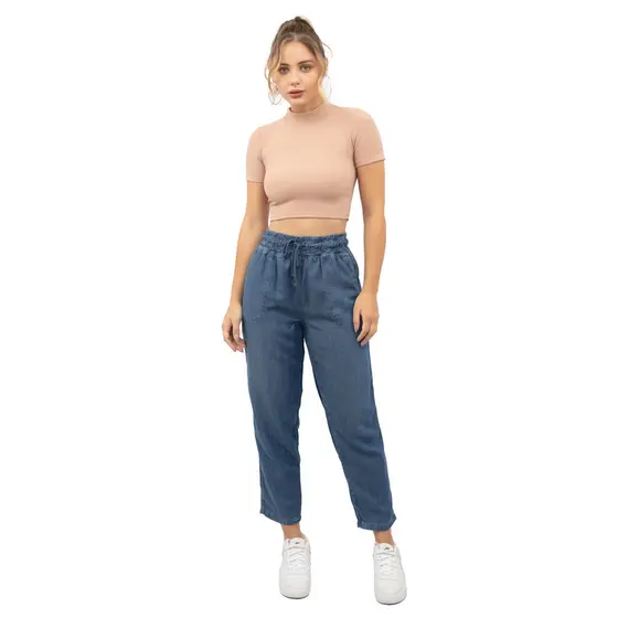 CALÇA JEANS JOGGER CÓS ELÁSTICO CORDÃO FEMININA CAMBOS