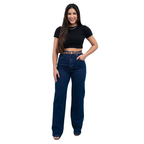 CALÇA FEMININA WIDE LEG LYCRA BÁSICA CINTO CAMBOS JEANS