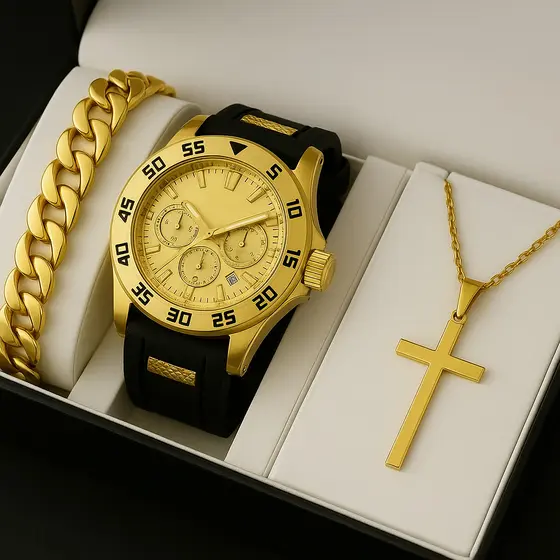 Kit Relógio Masculino Original A Prova D' Água Banhado a Ouro 18k Presente Para Pai Namorado
