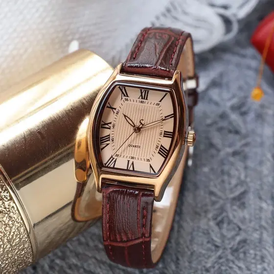 Estiloso Relógio Feminino | Pulseira de Couro Marrom Retrô Quartz Relogio Social